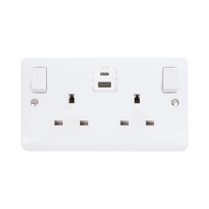 13 Amp Socket Outlets 2 gang switched with type A & C USB outlets