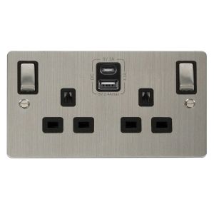 2 gang 13A DP switched socket outlet with type A &amp; C USB outlets - s/s black inserts