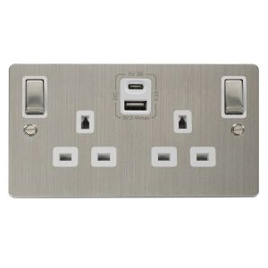2 gang 13A DP switched socket outlet with type A &amp; C USB outlets - s/s white inserts