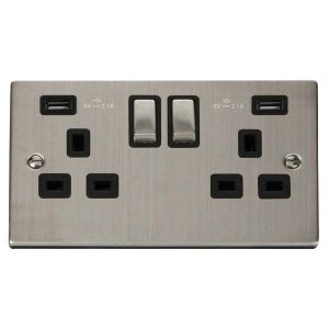 13A 2 gang switched socket outlet with 2x2.1A USB outlet - s/s black inserts