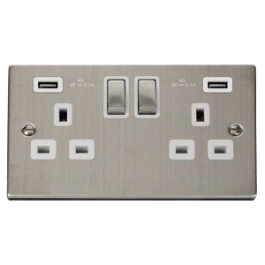 13A 2 gang switched socket outlet with 2x2.1A USB outlet - s/s white inserts