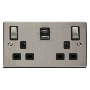 13A 2 gang switched socket outlet with type A &amp; C USB outlets - s/s black inserts