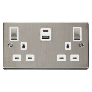 13A 2 gang switched socket outlet with type A &amp; C USB outlets - s/s white inserts