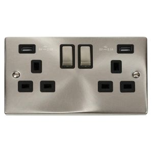 13A 2 gang switched socket outlet with 2x2.1A USB outlet - s/ch black inserts