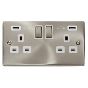 13A 2 gang switched socket outlet with 2x2.1A USB outlet - s/ch white inserts