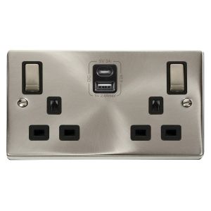 13A 2 gang switched socket outlet with type A &amp; C USB outlets - s/ch black inserts