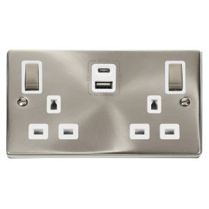 13A 2 gang switched socket outlet with type A &amp; C USB outlets - s/ch white inserts