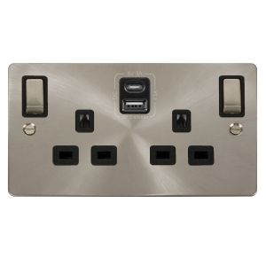 2 gang 13A DP switched socket outlet with type A &amp; C USB outlets - s/ch black inserts