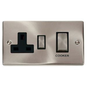 45A DP cooker switch &amp; 13A socket satin chrome black inserts
