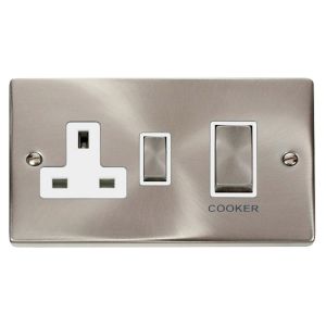 45A DP cooker switch &amp; 13A socket satin chrome white inserts
