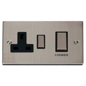 45A DP cooker switch &amp; 13A socket stainless steel black inserts