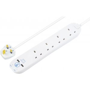 Extension lead 4 gang 2 metres with USB &amp; surge white
