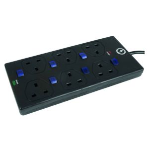 13A Individually Switched Surge Black Extension Lead - 6 gang with 2m Lead