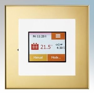 White / brass colour touchscreen thermostat 